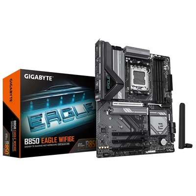 Gigabyte B850 EAGLE WIFI6E AMD AM5 Socket Motherboard, ATX, 4x DDR5 Slots, 3x M.2 Sockets, Fitted I/O Shield, GbE LAN, Wi-Fi 6E, 1x DisplayPort / 1x HDMI Port Gigabyte B850 EAGLE WIFI6E AMD AM5 Socket Motherboard, ATX, 4x DDR5 Slots, 3x M.2 Sockets, Fitted I/O Shield, GbE LAN, Wi-Fi 6E, 1x DisplayPort / 1x HDMI Port